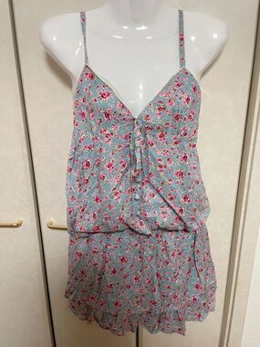 Floral Spaghetti-Strap Romper in Light Blue